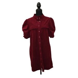 Entro Corduroy Mini Dress Womens Small Red Puff Sleeve Ruffle Neck Button Front